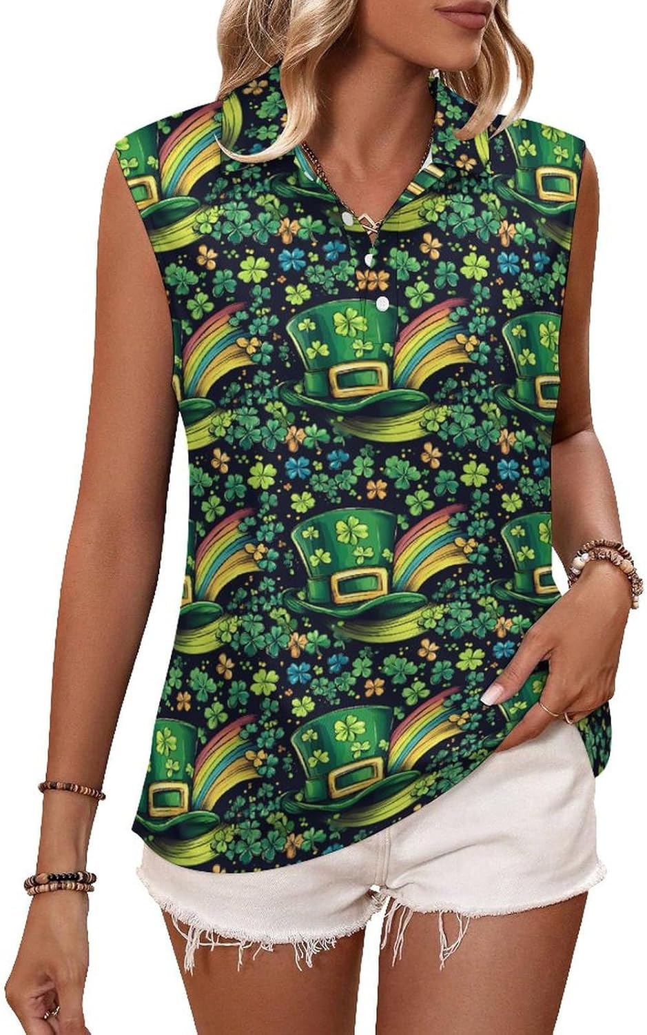 St. Patrick's Day Rainbow Shamrock Womens Golf Shirts Print Polo Shirt Sleeveless Tank Top Casual Work Blouses