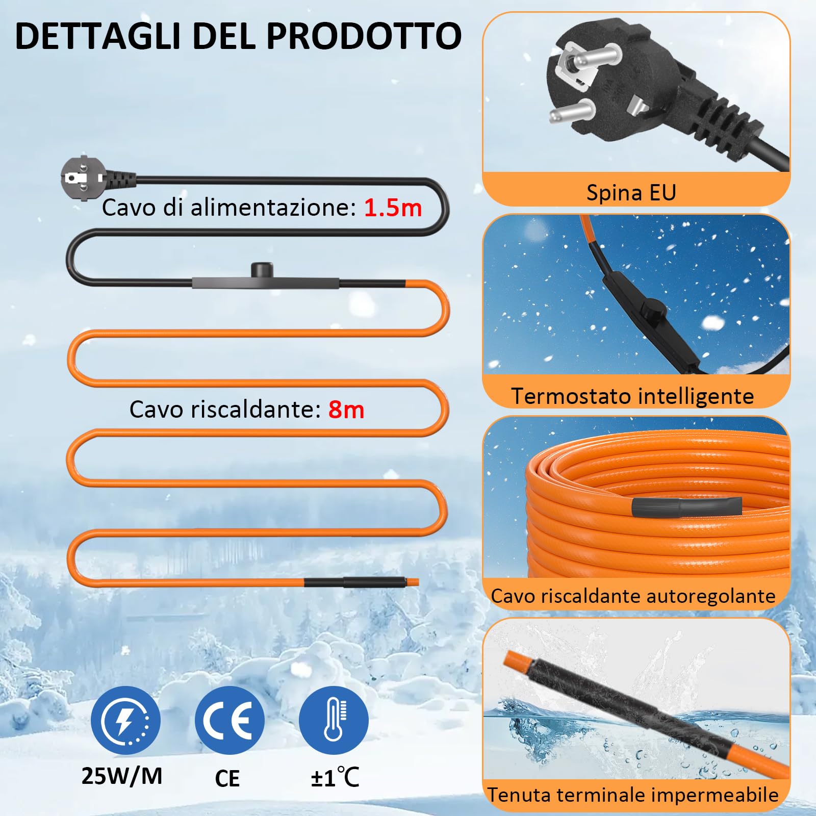 Cavo Riscaldante con Termostato, 8m Cavo Riscaldante 25 W/m Autorregolante Serpentina Riscaldante con Termostato IPX7 Impermeabile Cavo Scaldante per Tubazioni Piante Grondaie Protezione Antigel