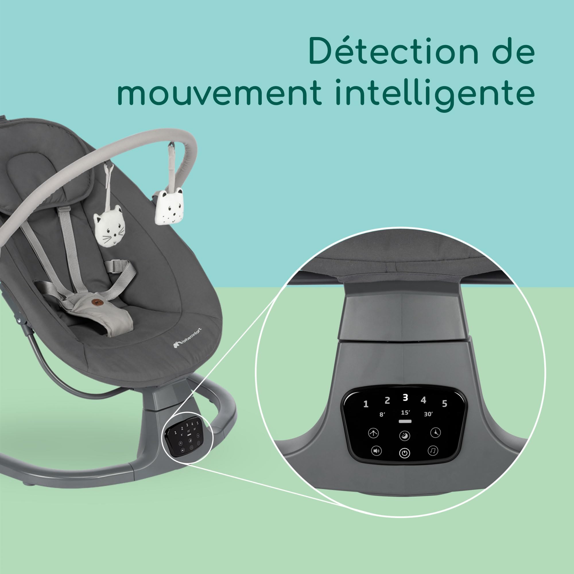 Bebeconfort Jolana, balancelle bébé électrique, 0-6 mois (9 kg), détection de mouvement, 12 chansons, 5 sons naturels, dossier réglable, 2 positions d’inclinaison, Tinted Graphite