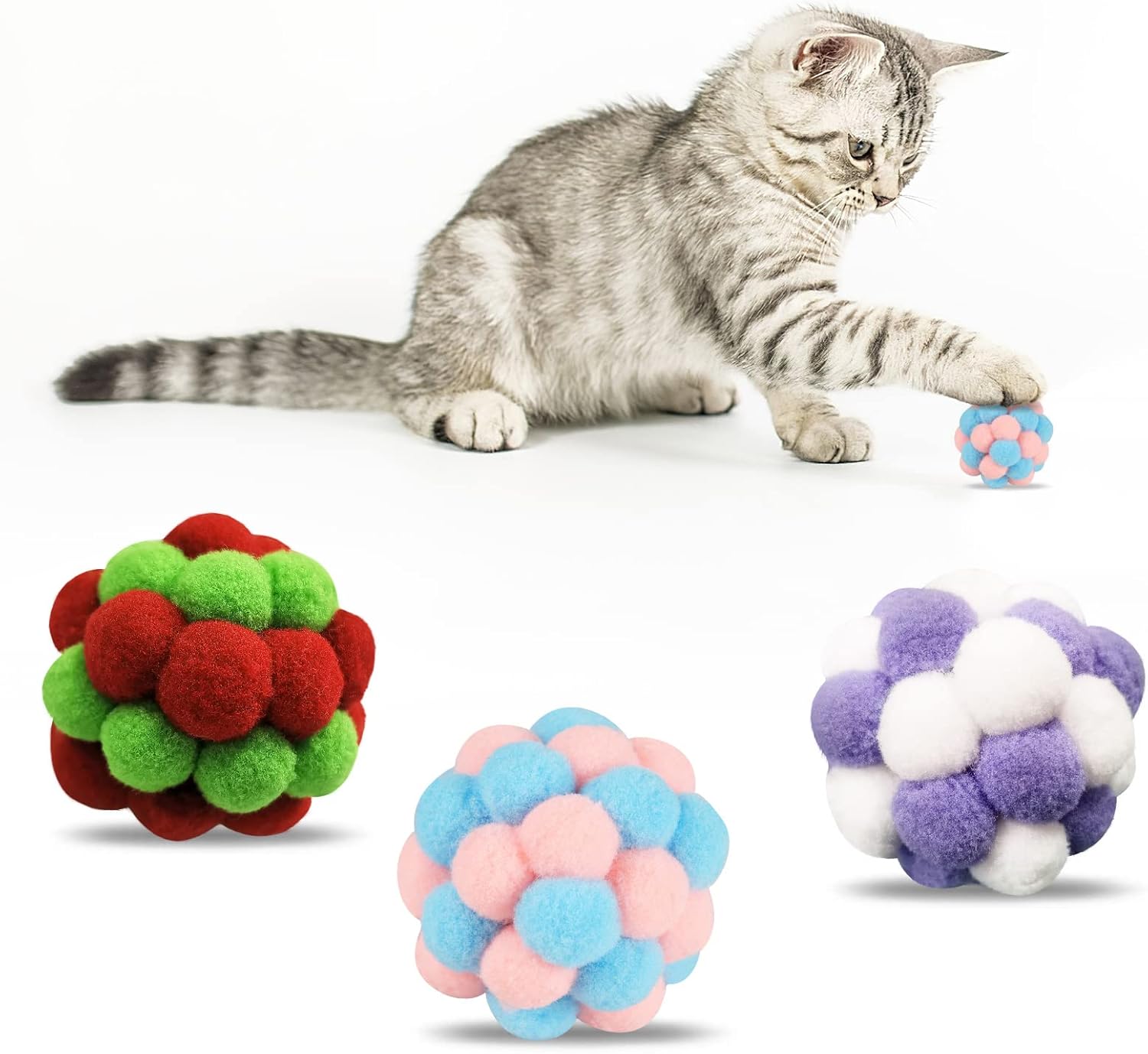 WestMi Cat Toys Balls, Colorful Soft Fuzzy Balls Builtin