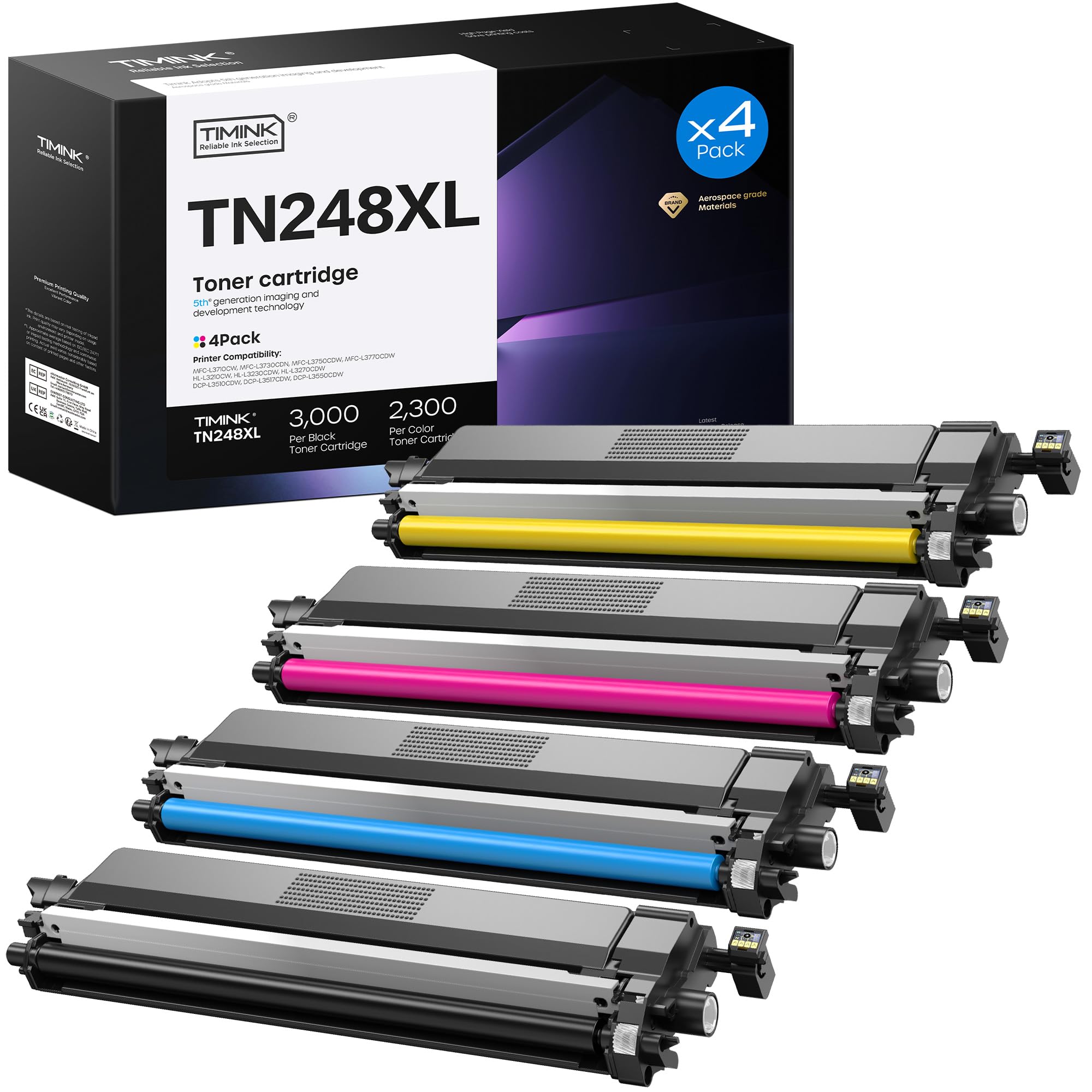 TN248XL TN248 Toner Compatible para Brother MFC-L3740CDW | MFC-L3760CDW L3740CDWE DCP-L3560CDW HL-L3240CDW MFC-L8390CDW HL-L3220CWE TN-248 TN248 XL Negro Cian Magenta Amarillo (4 Pack)