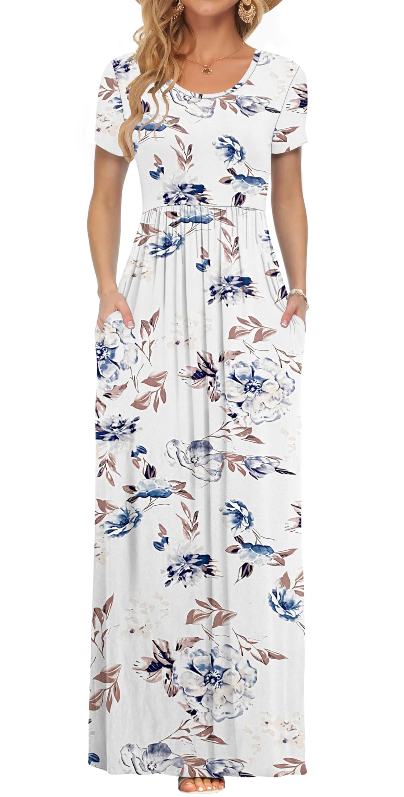 AUSELILY Women's Summer Short Sleeve Loose Plain Casual Long Maxi Dresses | Year Round wear solid floral print, Casual wear, Empire waist, Floor length, Side pockets