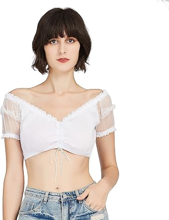 FreeNFond Oktoberfest Blouse Womens Dirndl Dress Crop Top, Lace Germen Bavarian Traditional Costume