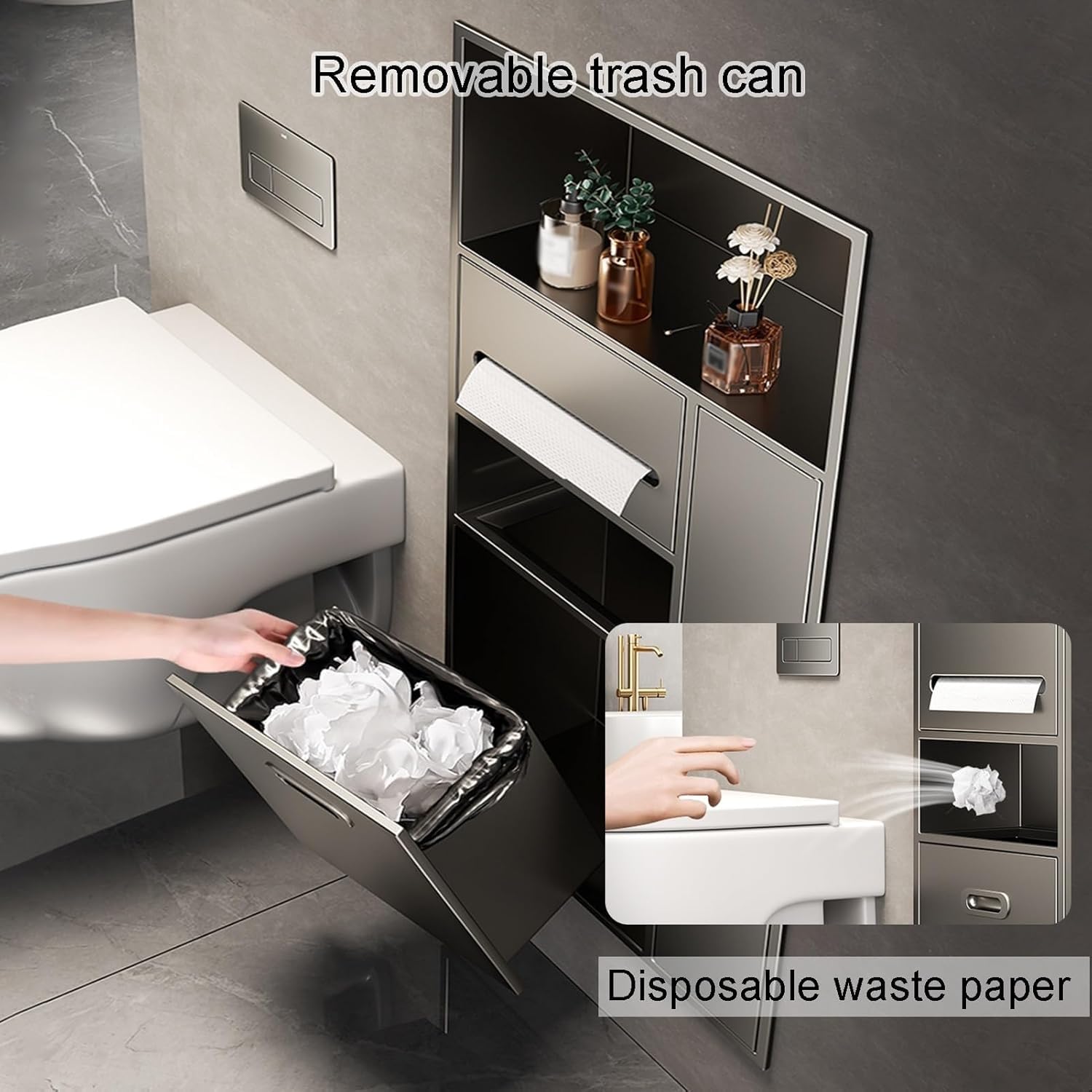 Portarotolo per carta igienica incorporato, cestino per la spazzatura, senza piastrelle, 400 x 670 mm, in acciaio inox 304 per una comoda conservazione