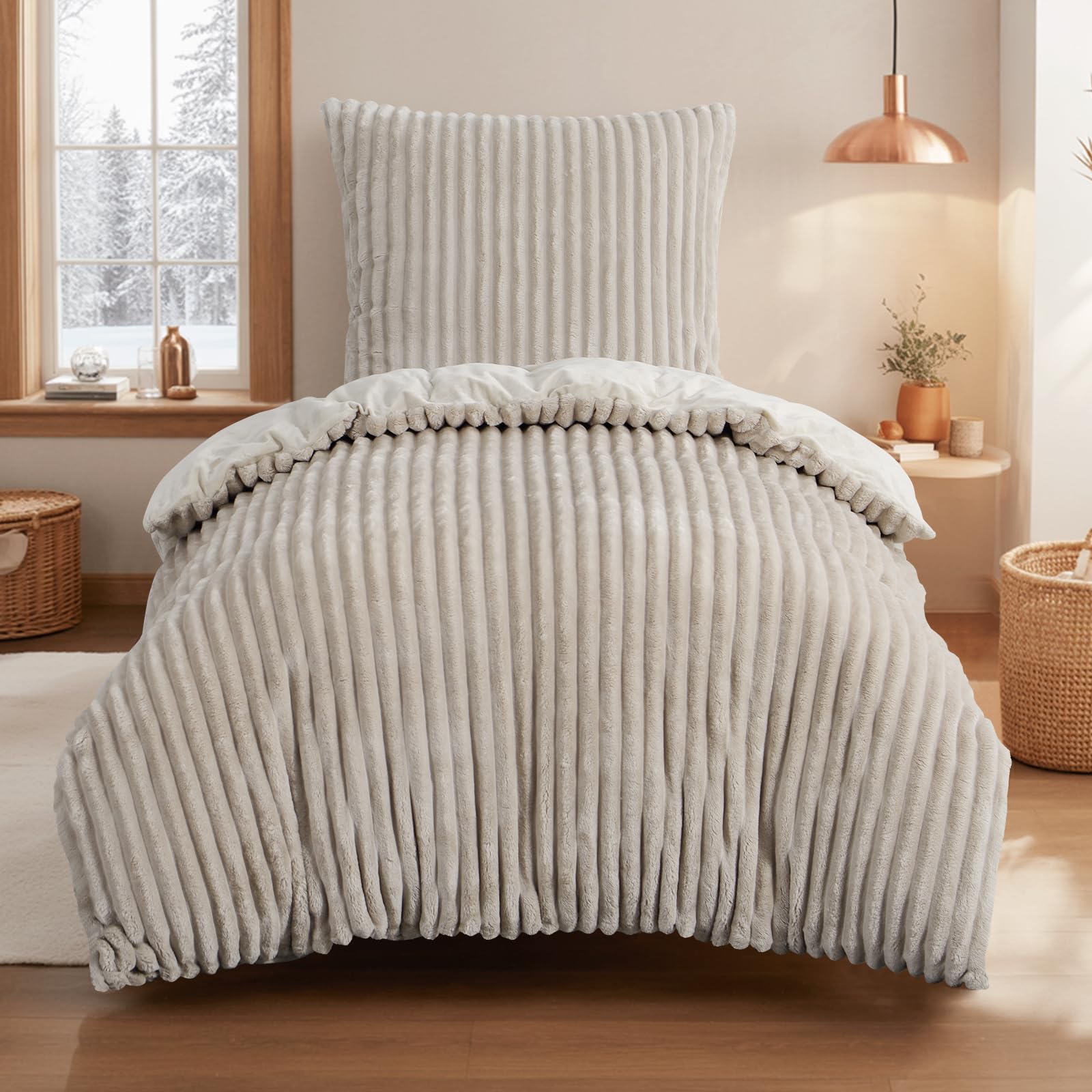 Aisbo Winter Warm bettwäsche 135x200 2teilig Beige - Cord Flauschige Flanell Winterbettwäsche Plüsch Teddy Fleece Cashmere Touch Bettbezug und Kissenbezug 80x80 cm mit Reißverschluss