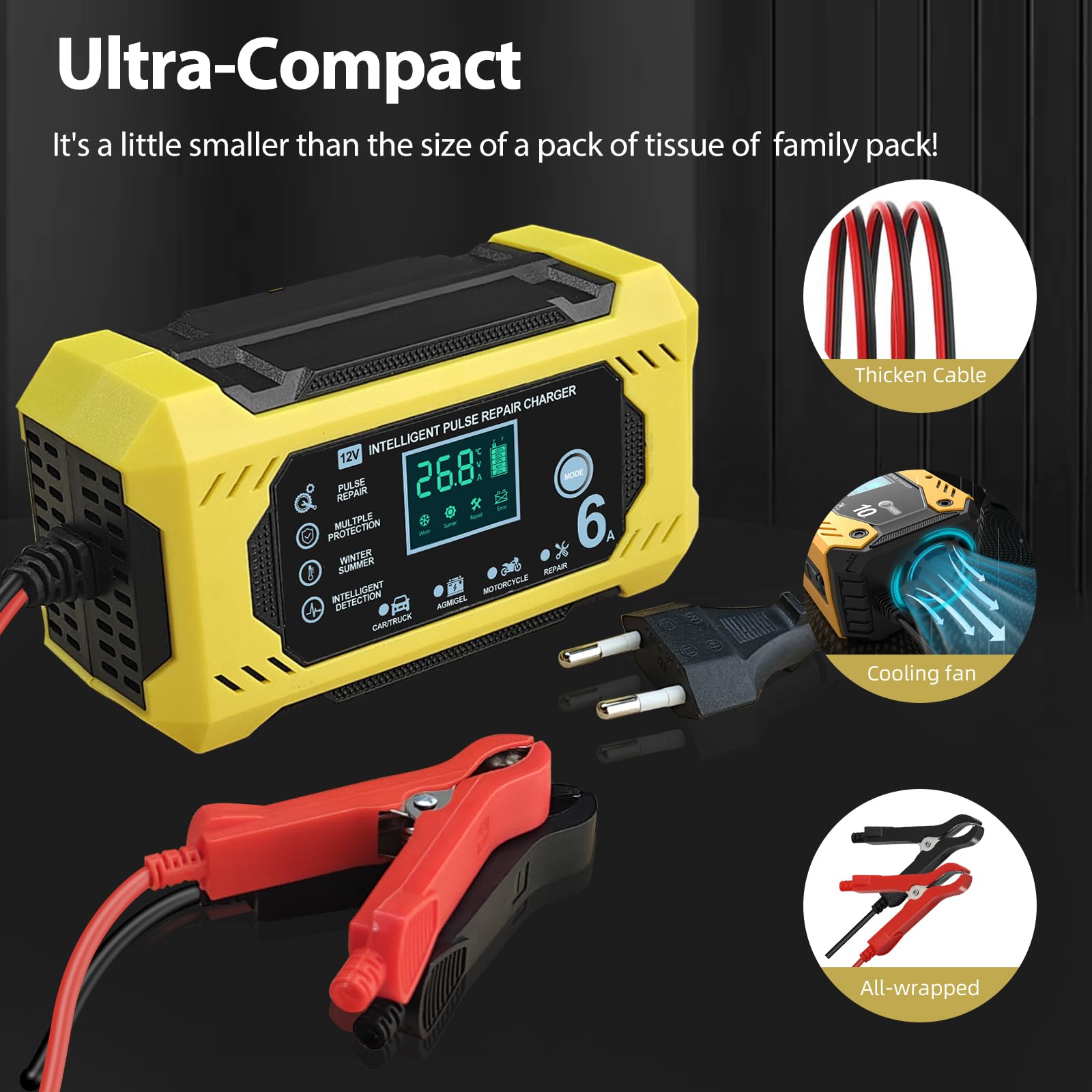 Carica Batteria per Auto, Caricabatterie Auto intelligente da 12V 6A con Schermo LCD Touch Screen, Rilevamento Automatico, Riparazione, Manutenzione e Protezioni Multiple per Piombo-Acido/AGM/Gel