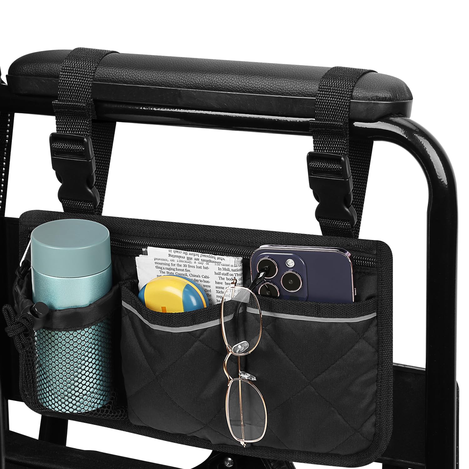 supregearWheelchair Side Bag w/Cup Holder, Armrest Storage Pouch with 6 Pockets and Reflective Strip for Wheelchairs, Walkers or Rollators, Walker Side Bag for Seniors Elderly