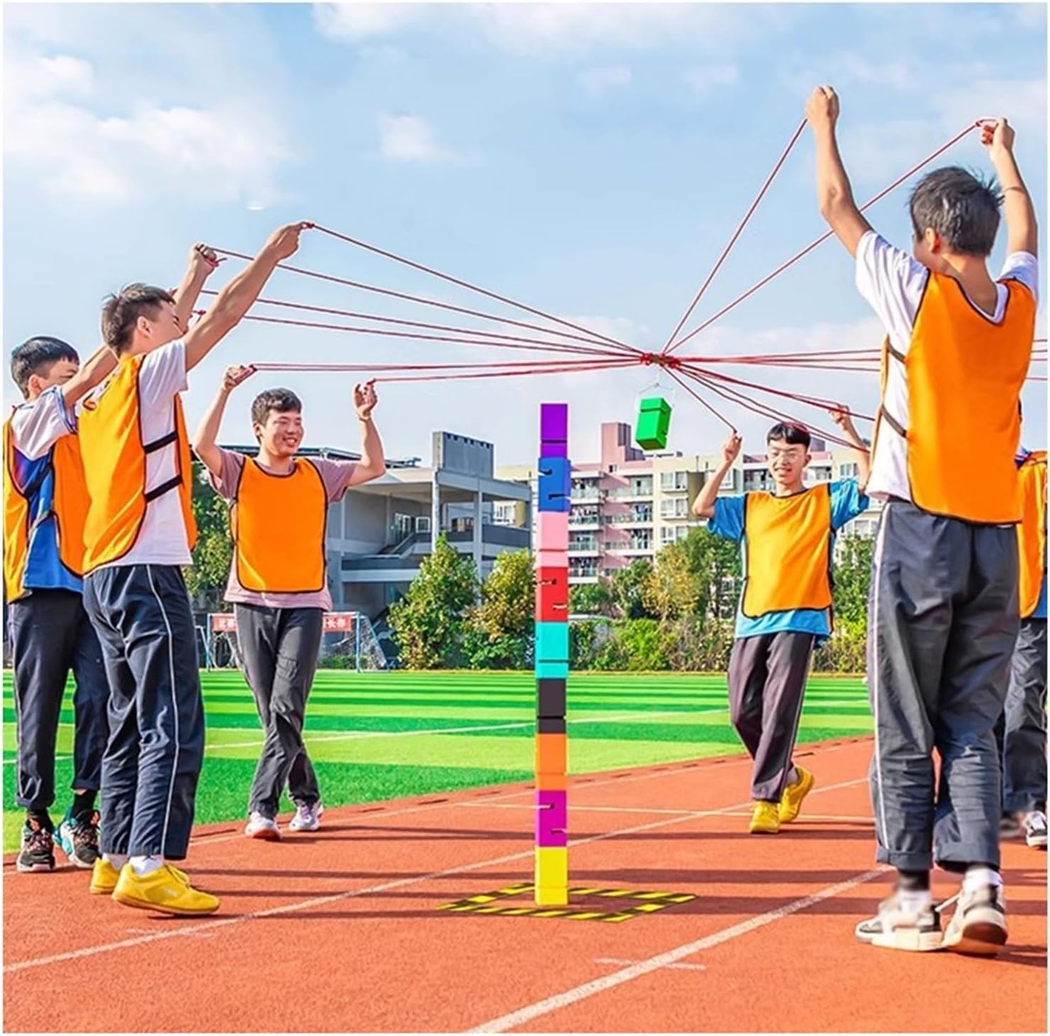 Field Day Team Stacking Tower Game Set, Teamwork Block Stacking Games, Team Building Games for 5-20 Players for Home/School/Company(Red,10PCS)