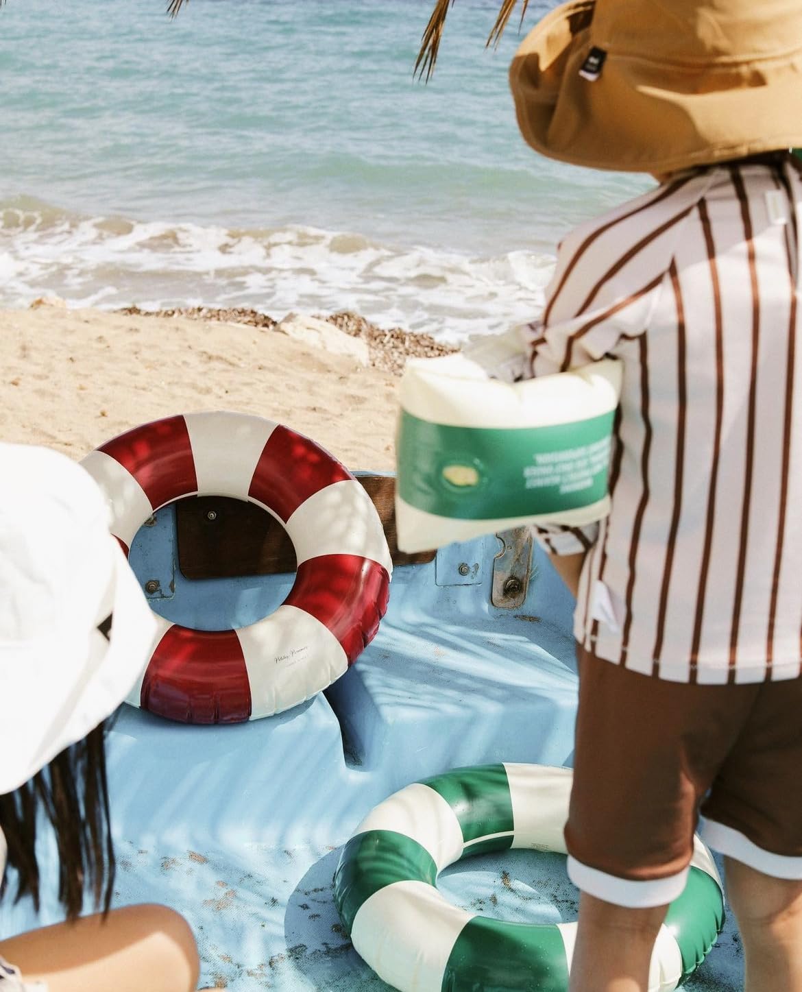 Petites Pommes Striped Water Wings Ages 2-6 - Handprinted Classic Inflatable Arm Floaties - Durable, BPA-Free Swimmies with Soft Seams, Safe Valves & Storage Bag - Dark Green