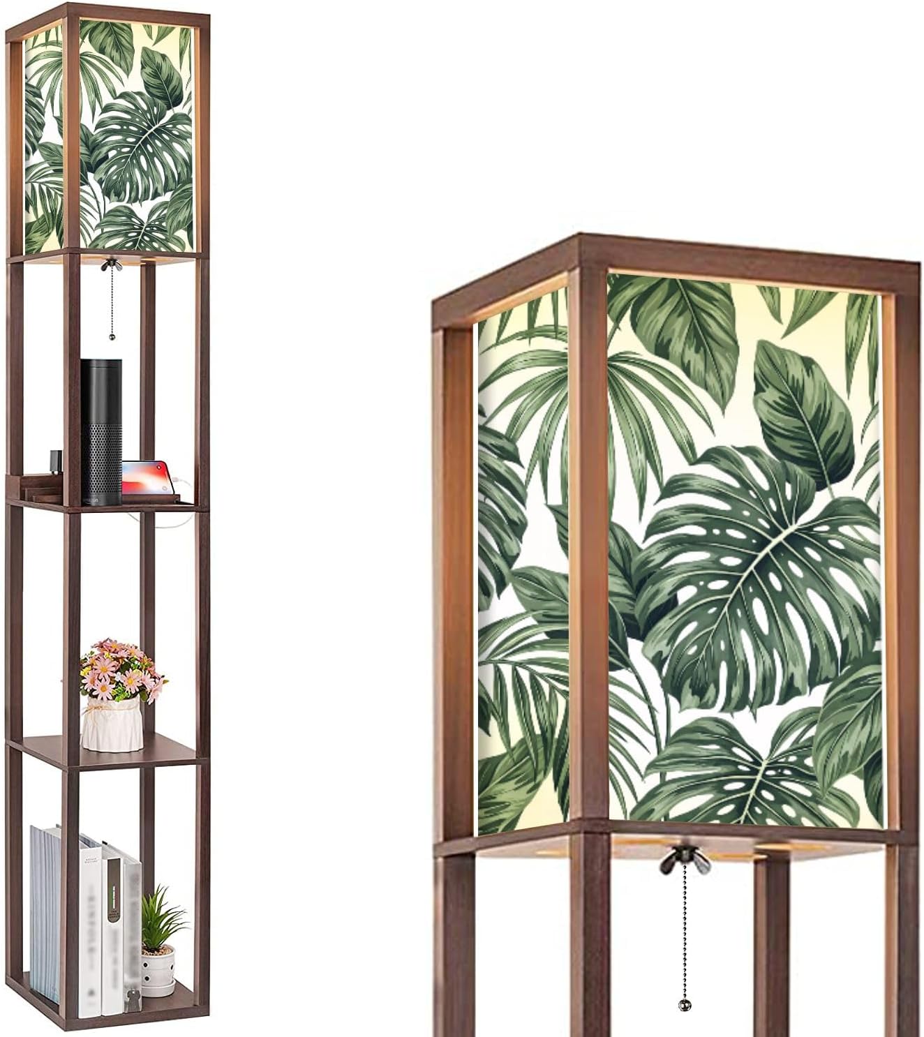 Tropical Leaves Monstera Palm Trees White Seamless Floor Lamp with Shelves USB Ports & Power Outlet Modern Standing Tall Lamp Corner Lamp Nightstand Light for Living Room Bedroom