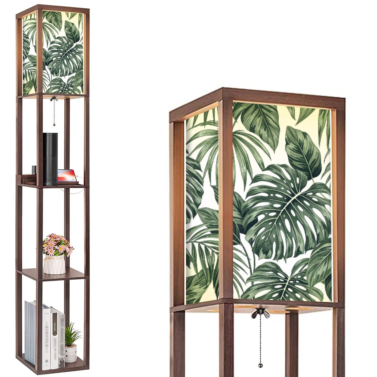 BVCAHSAW Tropical Leaves Monstera Palm Trees White Seamless Floor Lamp with Shelves USB Ports & Power Outlet Modern Standing Tall Lamp Corner Lamp