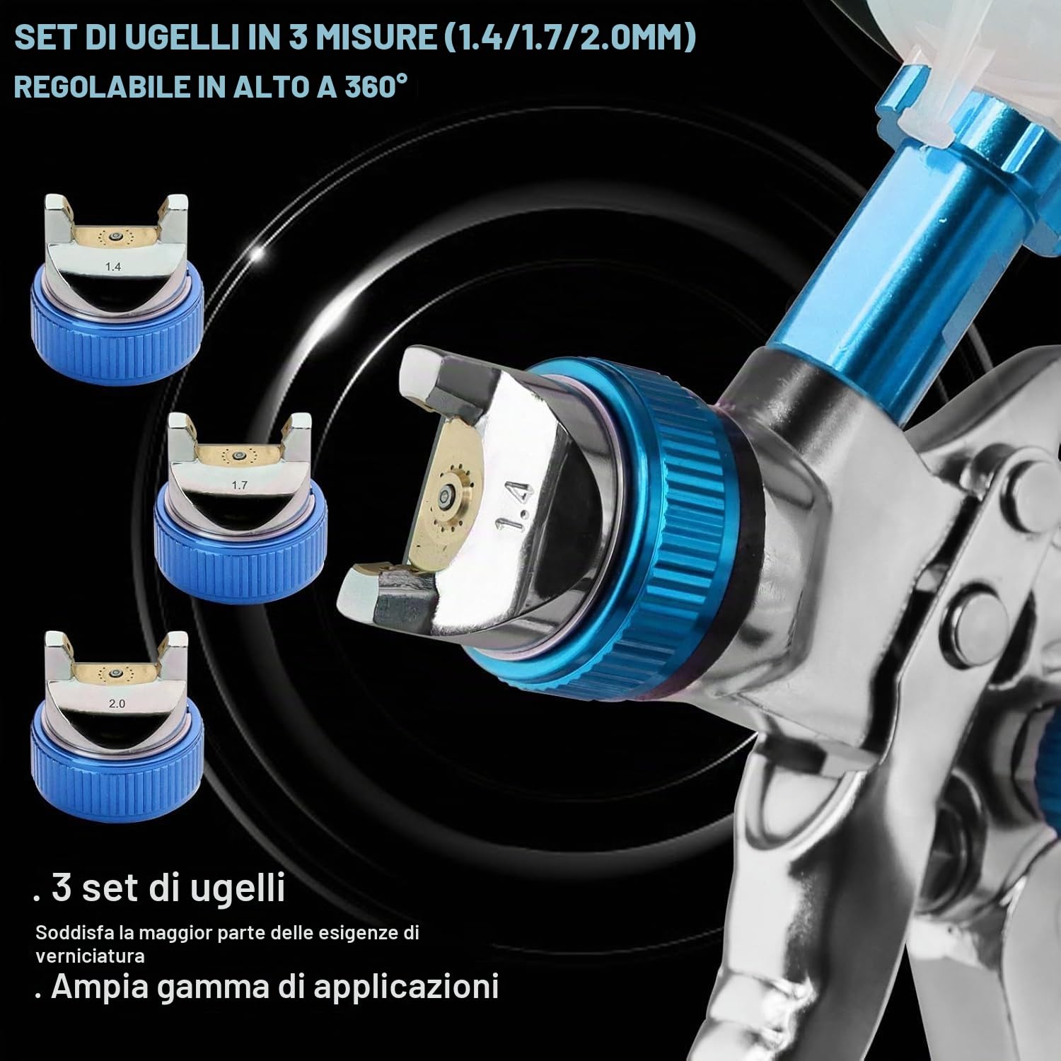 Pistola per Verniciare, Aerografo per Verniciare, Airless Spruzzatore Vernice con 3 Ugelli, TOOSOAR Pistola Compressore per Carrozzeria, Vernice Murale