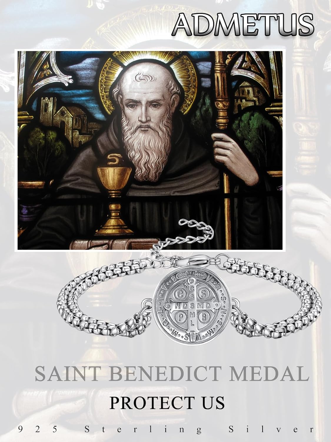 ADMETUS 925 Sterling Silver Patron Saint Bracelets | Amulet Protection Jewelry for Men with Double 7"+2" Rolo Chain - Image 6