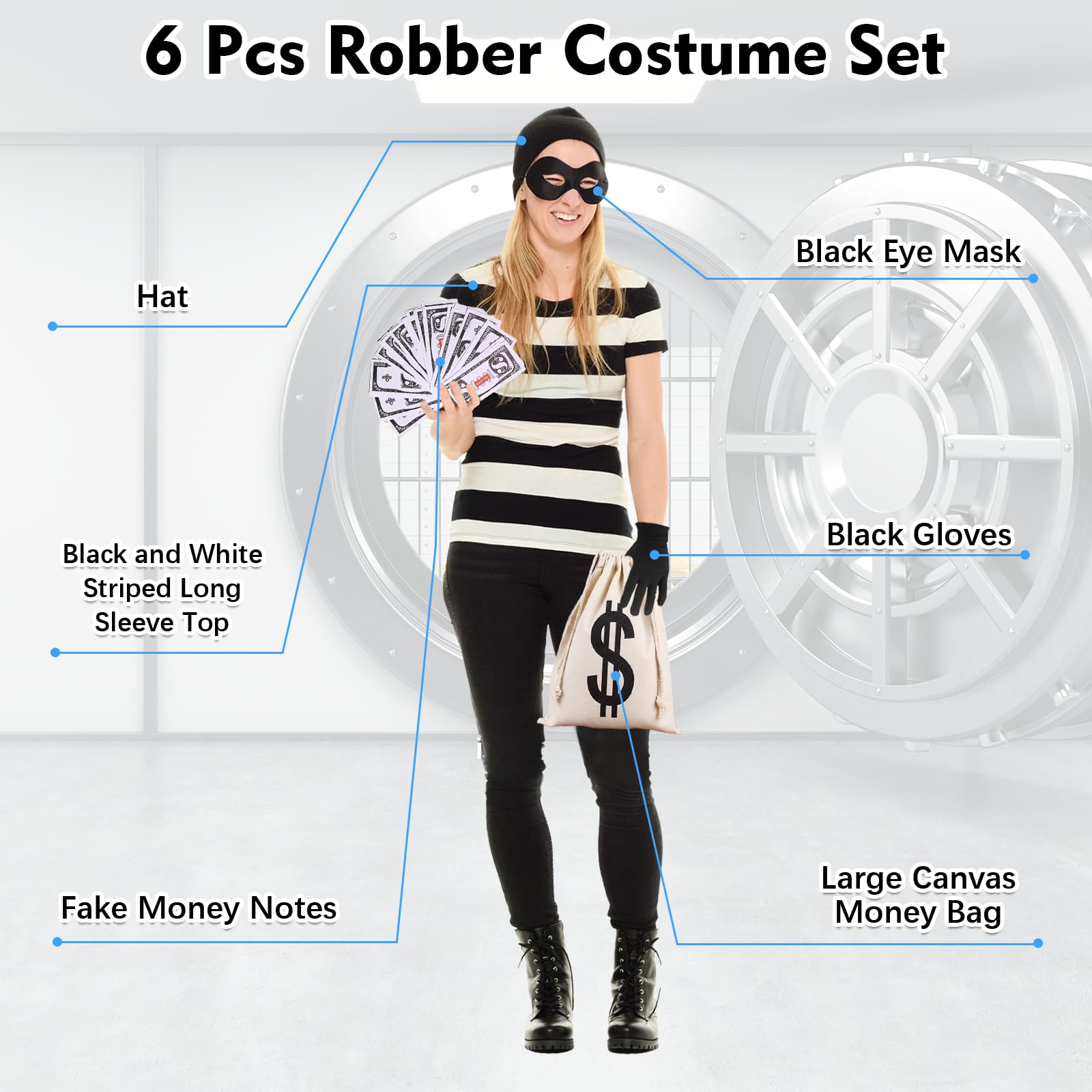 Adults Burglar Costume, Robber Fancy Dress Costume Set - Image 4