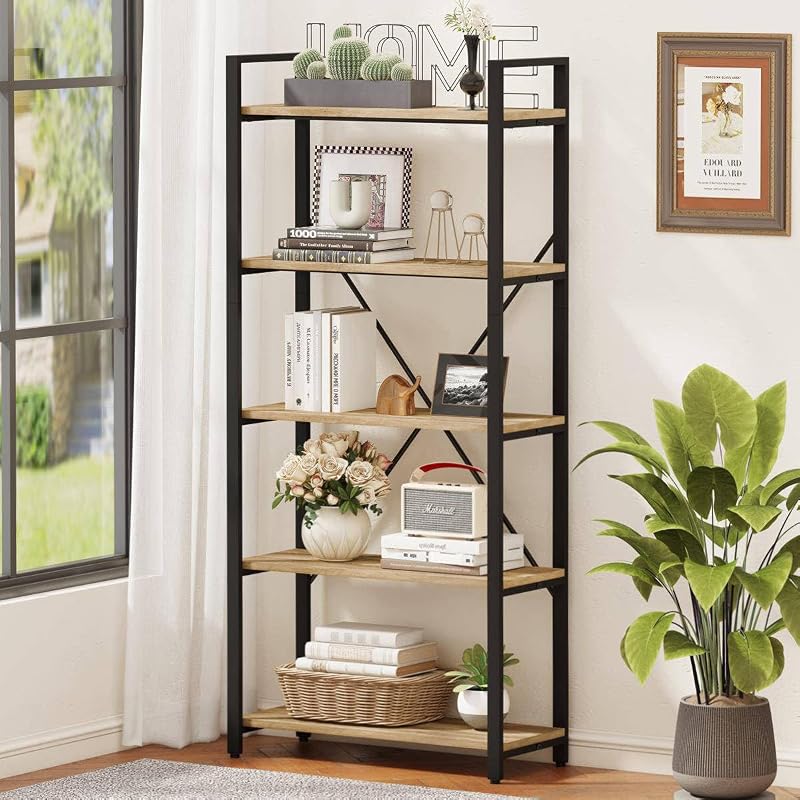 Estantería de 5 niveles, estantería industrial de madera y metal para exhibición, librería alta Etagere y estantería rústica (roble rústico)