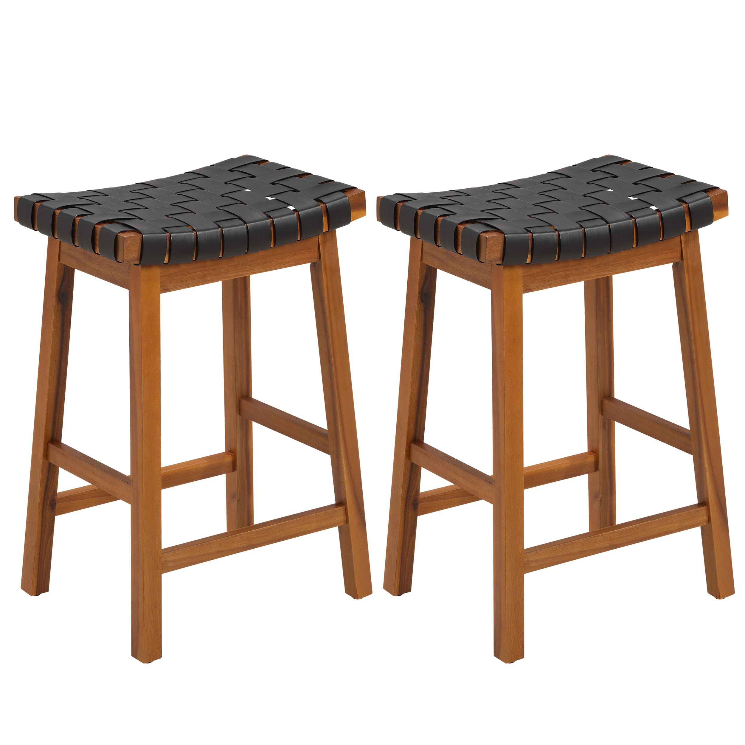 26" Counter Height Barstools Set of 2 - Faux Leather Woven Saddle Counter Stools with Footrest Legs, Mid-Century Waterproof Acacia Wood Bar Stools for Outdoor, Kitchen Island & Pub