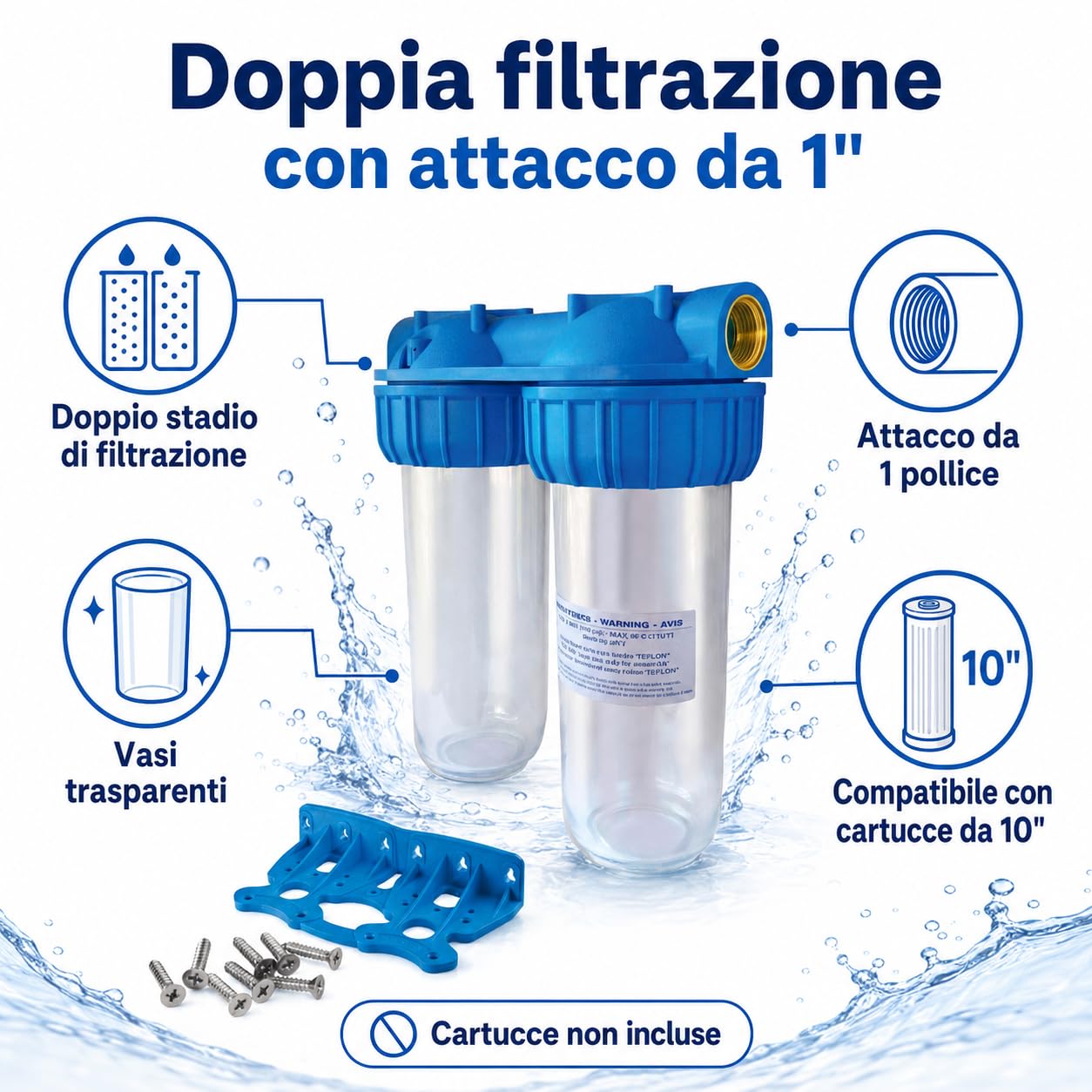 Sistema filtro acqua doppio 10" per casa e impianto domestico, portafiltro universale per sedimenti, cloro, sabbia e impurità, compatibile cartucce standard 10 pollici, installazione facile a parete