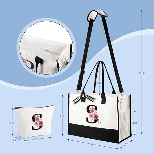 Miniatura 5 de Regalos de cumpleaños personalizados para amigos, bolsa de mano con iniciales florales para mujer, bolsa de playa Can-vas con bolsa de maquillaje,