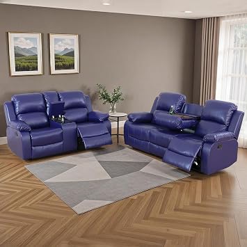 2 Pieces Leather Recliner Sofa Set,Recliner Sofa and Loveseat Sets for Living Room Furniture,Purple Reclining Couch with 4 Recliners for Living Room/Office/Theater SeatingSofa Set 2 Pieces