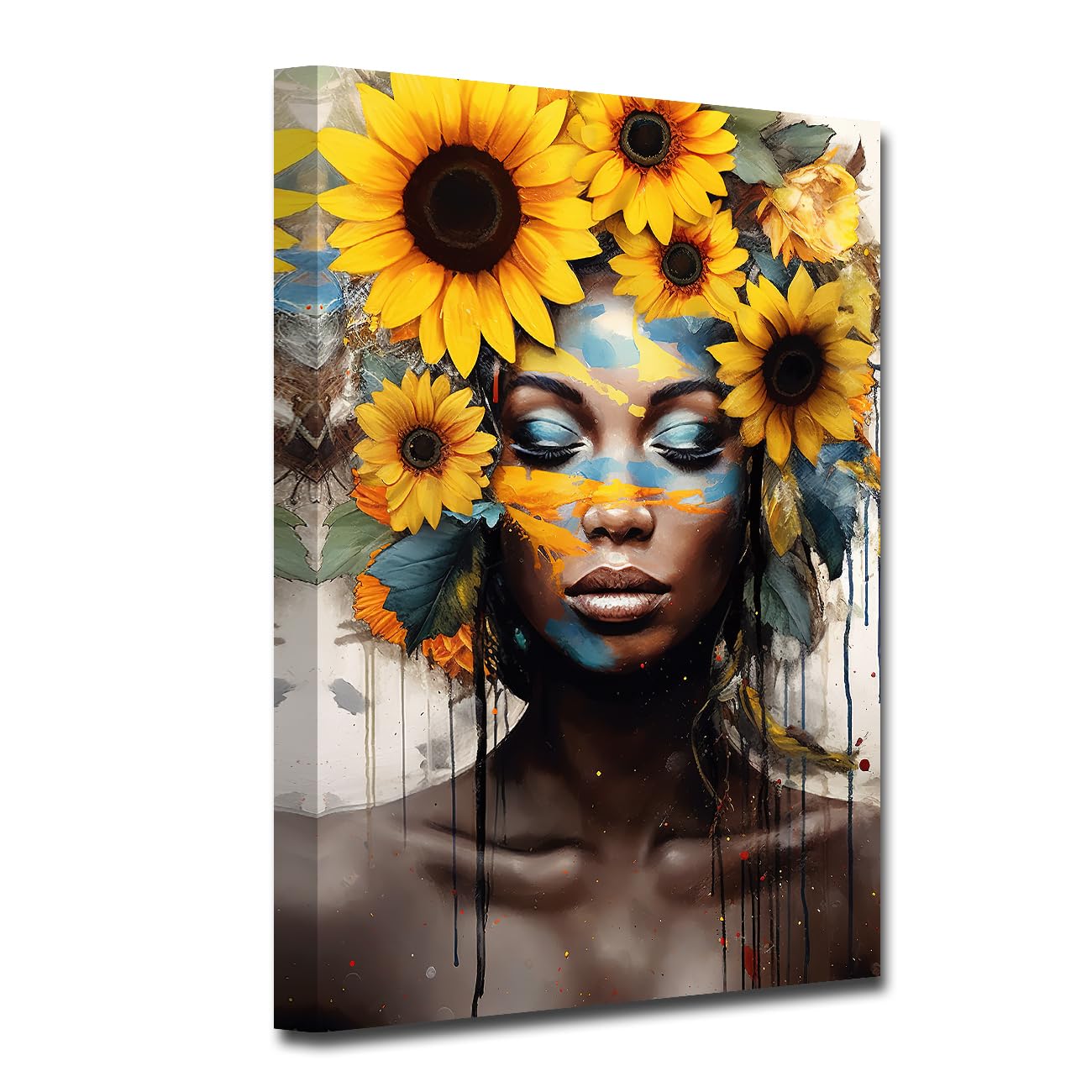 LMYSXAOZ African American Canvas Wall Art Abstract Black Woman Pictures Decor Vintage Girl Portrait Sunflower Posters Prints Home Framed (Woman-2, 20.00"x30.00")
