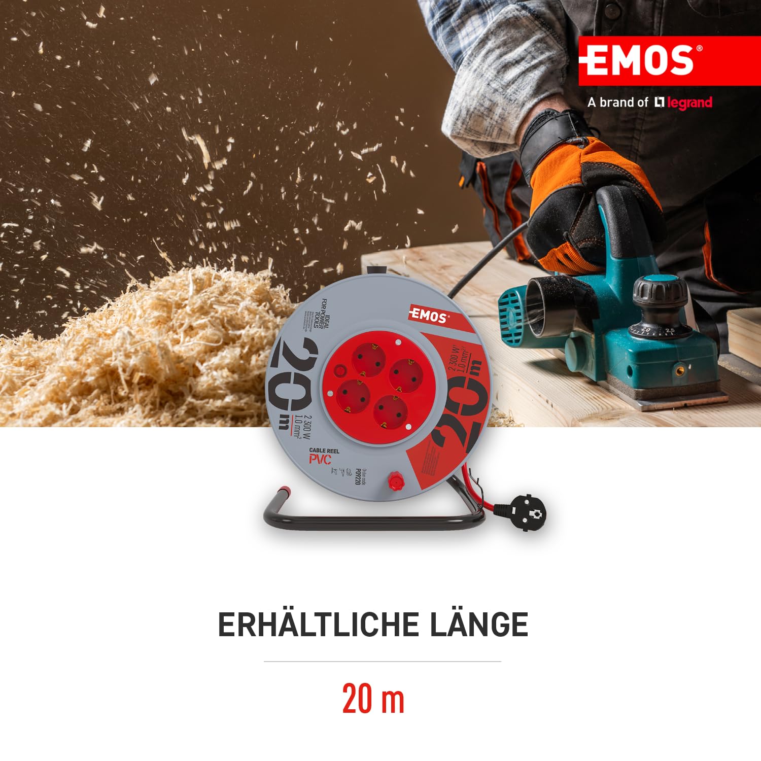 EMOS tambor cable 20 m, 4 Schuko, 230 V 10 A 2300 W, PVC H05VV-F3G 1.0 mm², protección sobrecalentamiento, freno bobina, IP20, interior