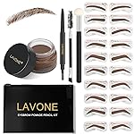 LAVONE Eyebrow Stamp Stencil Kit, Brow Stamp Trio Kit with Waterproof Eyebrow Pencil, Pomade, 20 Eyebrow Stencils, Dual-ended Eyebrow Brush and Sponge Applicator - Brunette
