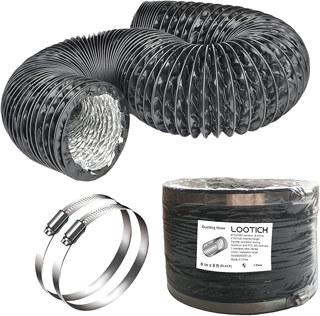 LOOTICH Strong 8 Inch Air Duct 8 FT Long Black PVC Flexible Aluminum Ducting with 2 Stainless Steel Clamps 4 Layer HVAC Ventilation Hose for Grow Tents Dryer Rooms House Vent Register Lines