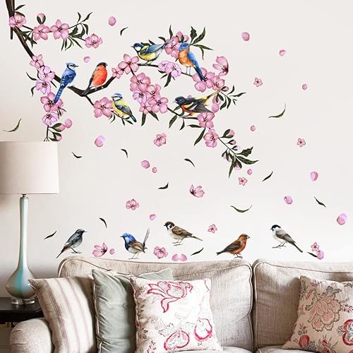 Timelesslong Calcomanías de pared de flores para sala de estar, dormitorio, calcomanías de pared de vinilo con pájaros extraíbles, murales de pared