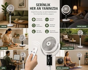 Şarjlı Ayaklı Vantilatör, Uzaktan Kumandalı, 8 Kademeli Hız Ayarı, 180° Otomatik Salınım, 3 Kademeli Yükseklik Ayarı, 8 Saat Zamanlayıcı, Sessiz ve Kablosuz Kullanım, Gece Işıklı Fan