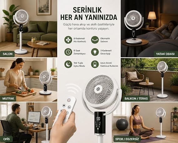 Şarjlı Ayaklı Vantilatör, Uzaktan Kumandalı, 8 Kademeli Hız Ayarı, 180° Otomatik Salınım, 3 Kademeli Yükseklik Ayarı, 8 Saat Zamanlayıcı, Sessiz ve Kablosuz Kullanım, Gece Işıklı Fan