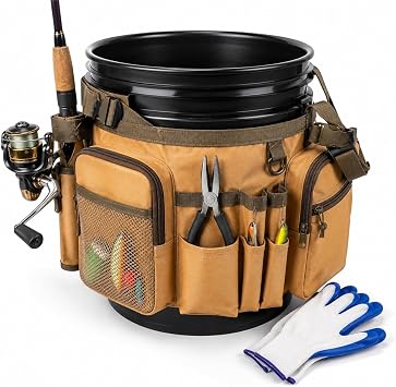 Katai Fishing Bucket Organizer for 5-Gallon Bucket Heavy-Duty Water-Resistant Tackle Bag with Rod & Pliers Holders Adjustable Straps & Multi-Pocket Design