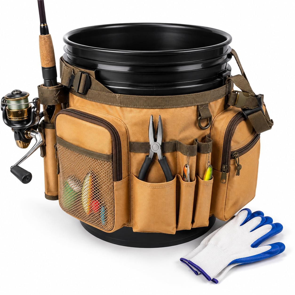 Katai Fishing Bucket Organizer for 5 Gallon Buckets – Water-Resistant Tackle Storage System with Rod Holder, Tool Slots & Multi-Pocket Gear Bag