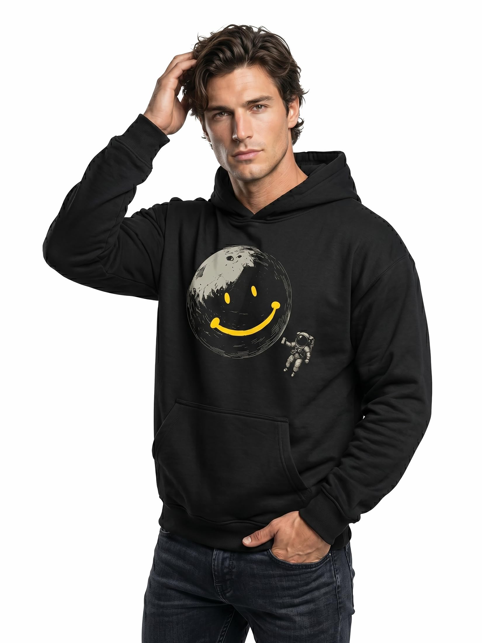 MAKAYA bluza z kapturem męska z motywem graffiti i księżyca astronauta streetwear luźny hoodie