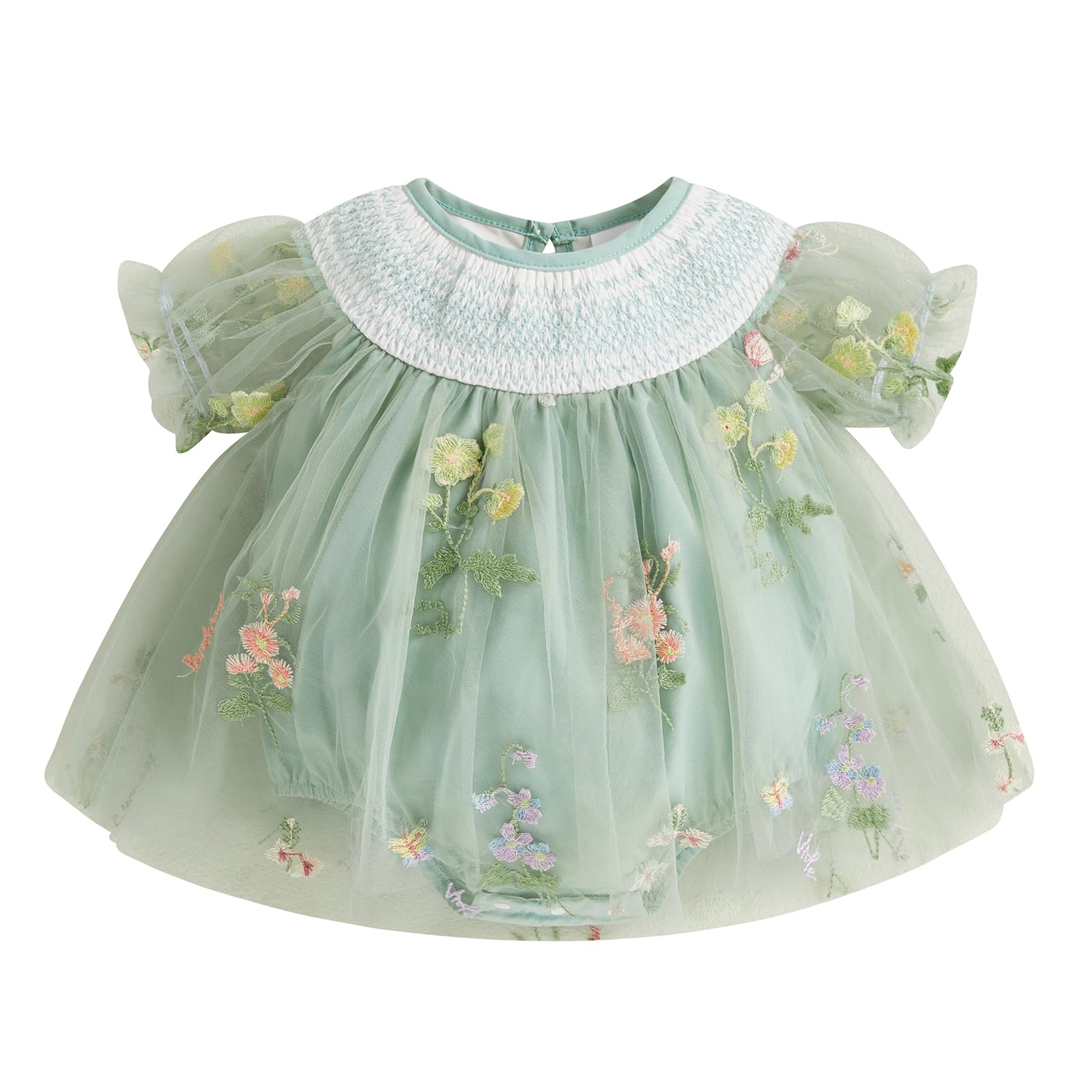 Baby Girl Smocked Romper Flower Embroidery Bubble Romper Bodysuit Mesh Tulle Princess Dress Skirt Cake Smash Outfit (A Green, 3-6 Months)