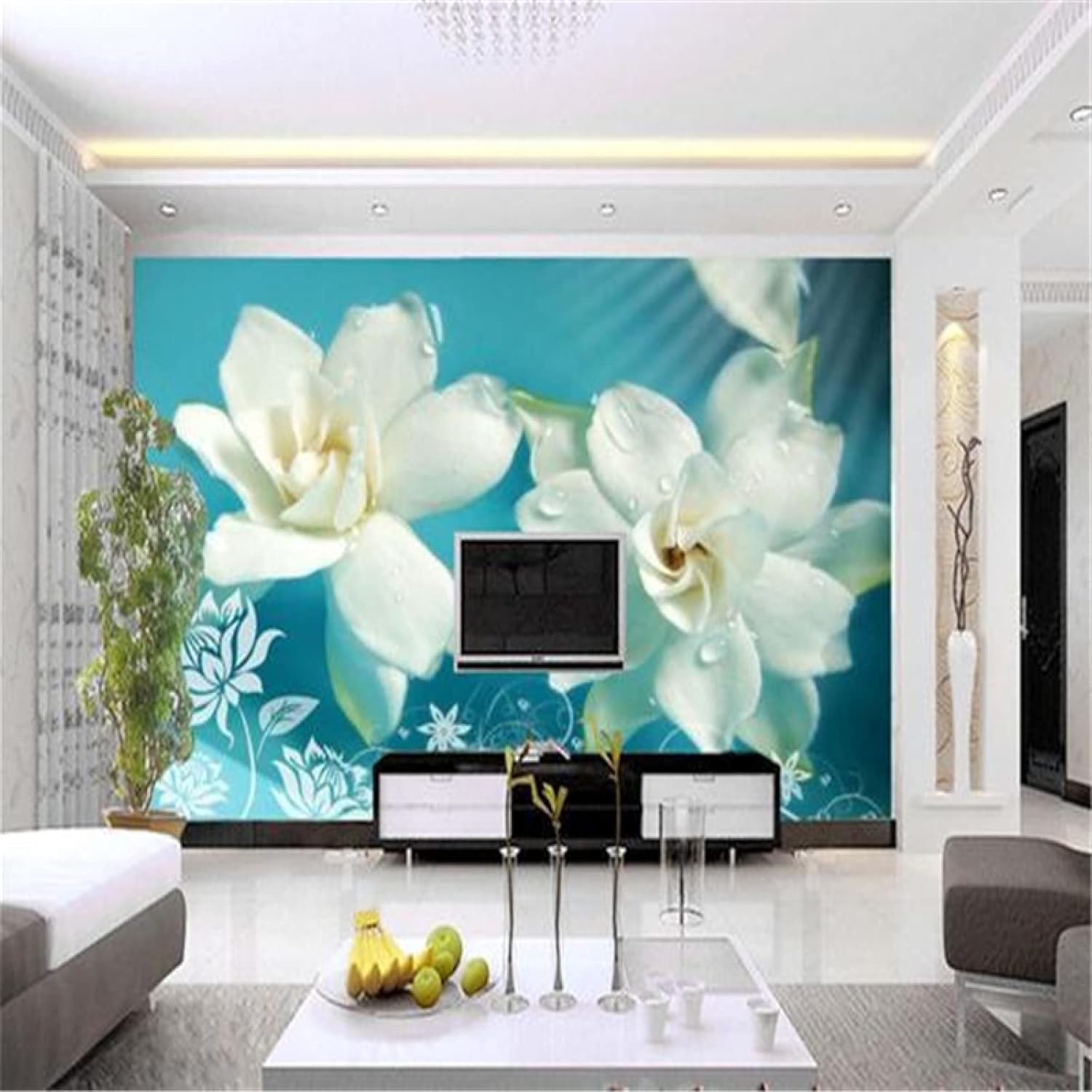 Fiori Bianchi Freschi Blu Moderna Carta Da Parati 3d In Seta Goffrata Materiale Ideale Per La Camera Letto Del Soggiorno-300cm×210cm