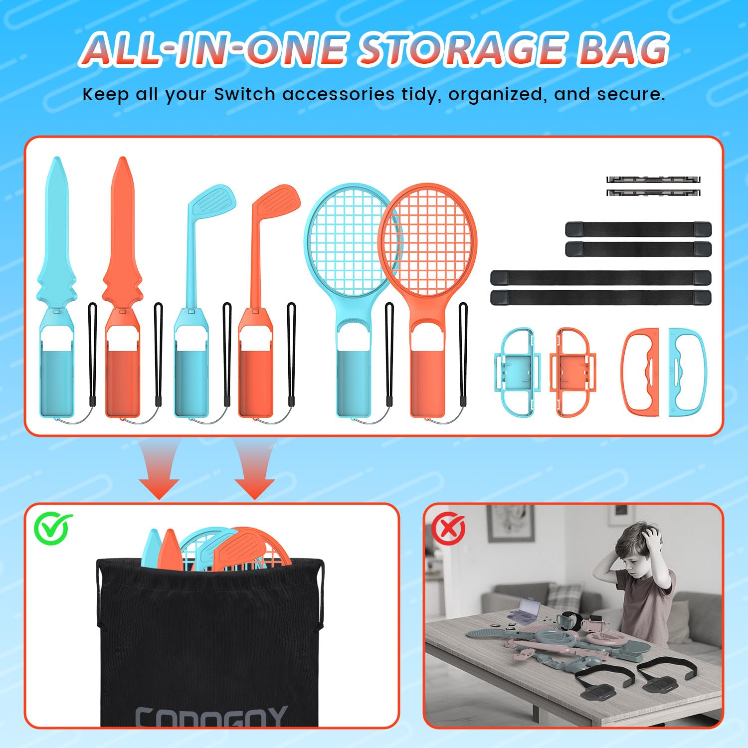 [Switch 2/1 Compatible] Switch Sports Accessories Bundle for Switch 2/1/OLED - CODOGOY Complete Family Sports Kit with Storage Bag, Exclusive Bowling Grips & 2 Player Support for Nintendo Switch Sports Games - Image 6