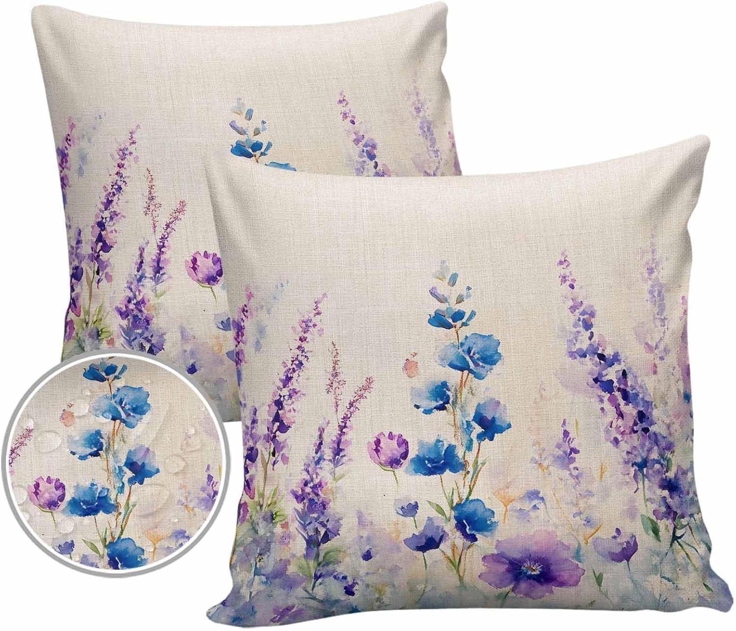 Waterproof Pillow Covers Set of 2, Spring Flowers Summer Lavender Outdoor Pillow Protectors with Zipper Pillowcases for Patio Tent Garden Beach, Blue Purple Floral Beige Square, 20"X20"