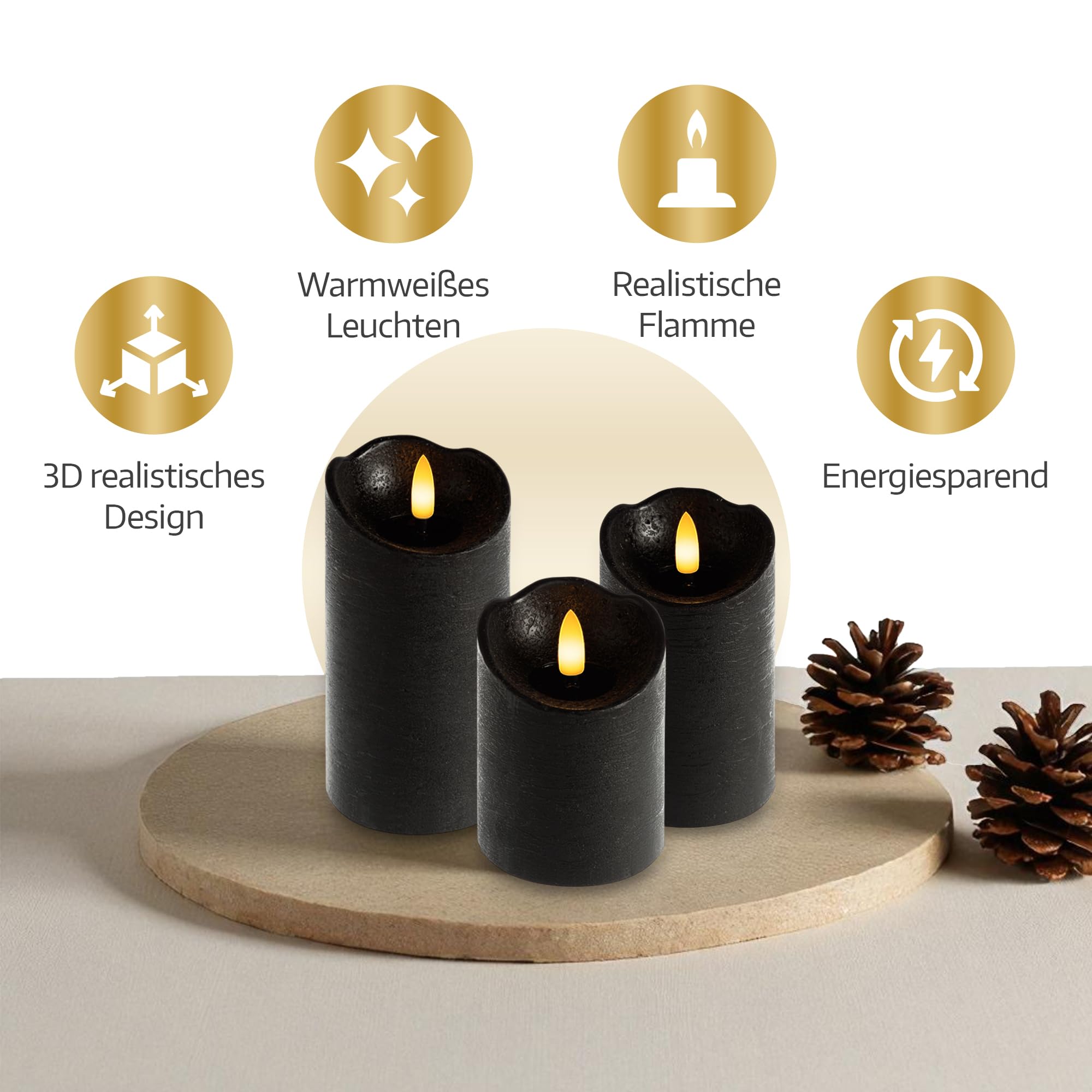 Meisterhome Juego de 3 velas LED negras, sin llama, con llama parpadeante, diseño rústico, con mando a distancia y temporizador, funciona con pilas, color blanco cálido, diámetro de 7,5 x 10/12,5/15