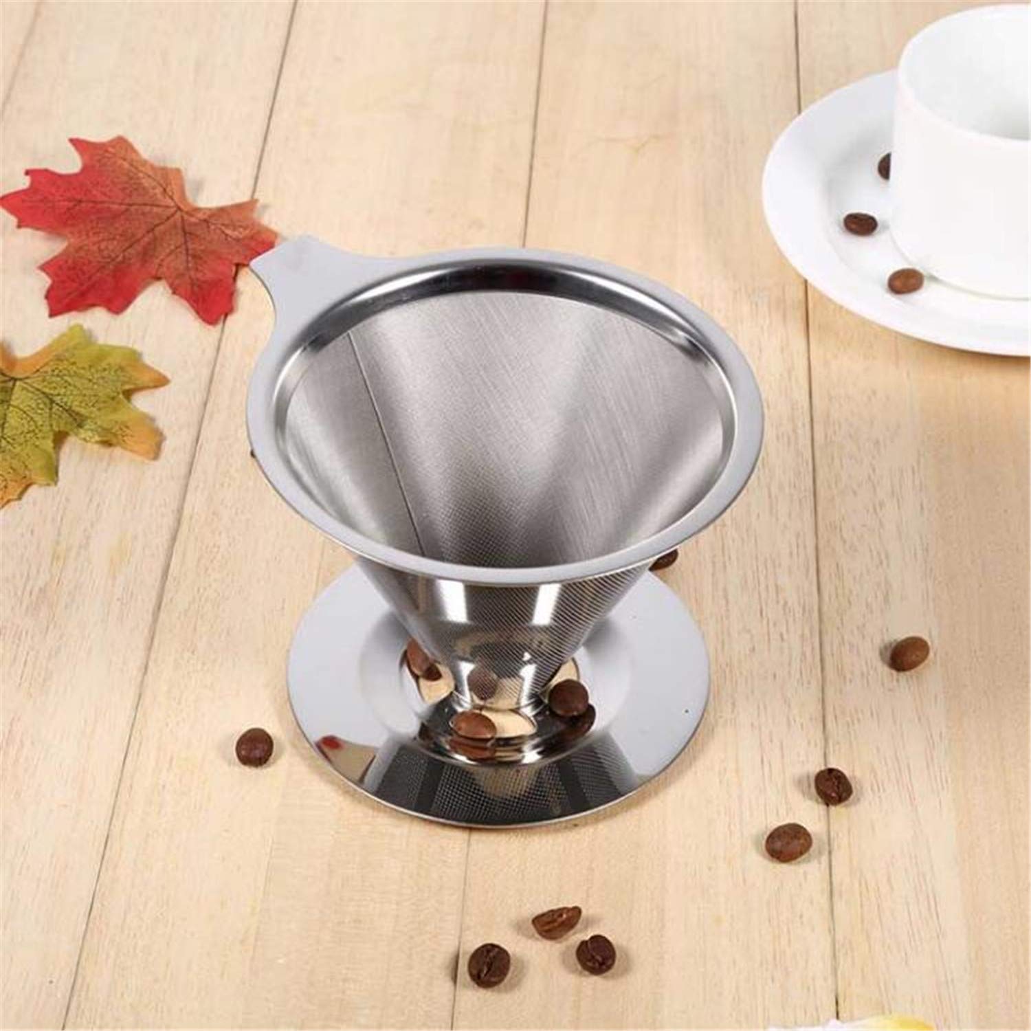 Koffiefilter, koffiefilter, herbruikbaar, roestvrij staal, kegel- koffiedruppelfilter, premium koffietrechter met doorzichtige kopjes en gevouwen vleugels