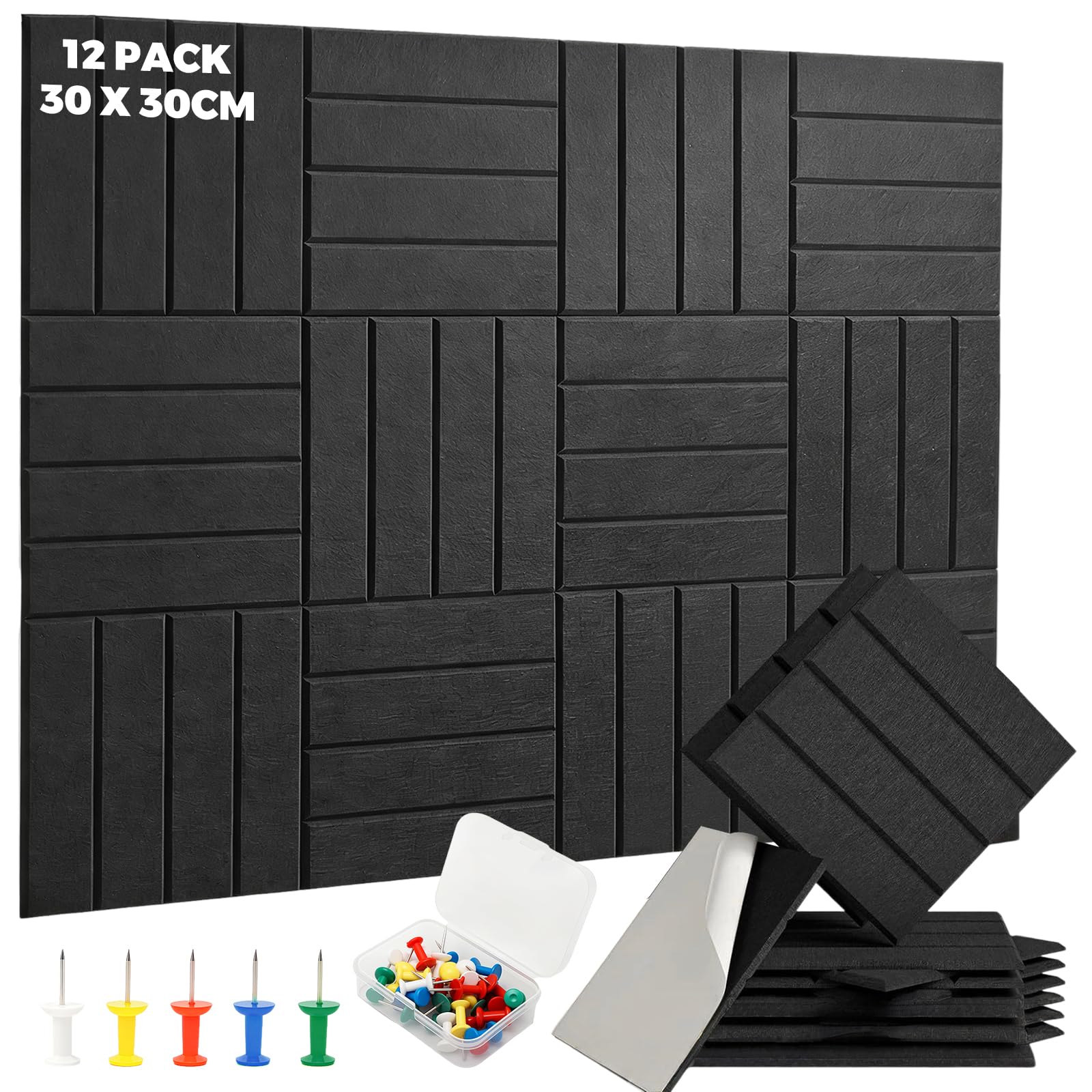 Lot de 12 tableaux d'affichage muraux en feutre en liège pour mur - Tableau d'affichage modulaire noir avec punaises - Tableau d'affichage moderne pour la maison et le bureau - 30 x 30 cm