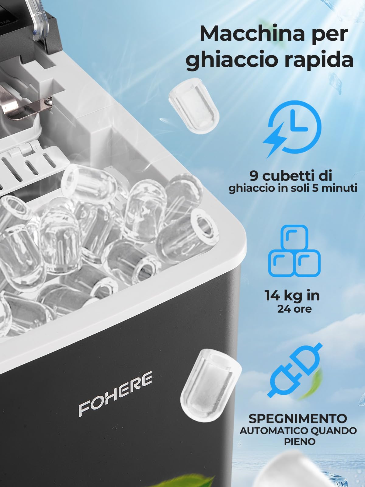FOHERE Máquina de Hielos con Asa Portátil, 14kg/24h, 9 Cubitos Bullet en 5 Minutos, 2 Tamaños, Autolimpiable, con Cuchara & Cesta – Ideal para Hogar Cocina Oficina Caravana Camping