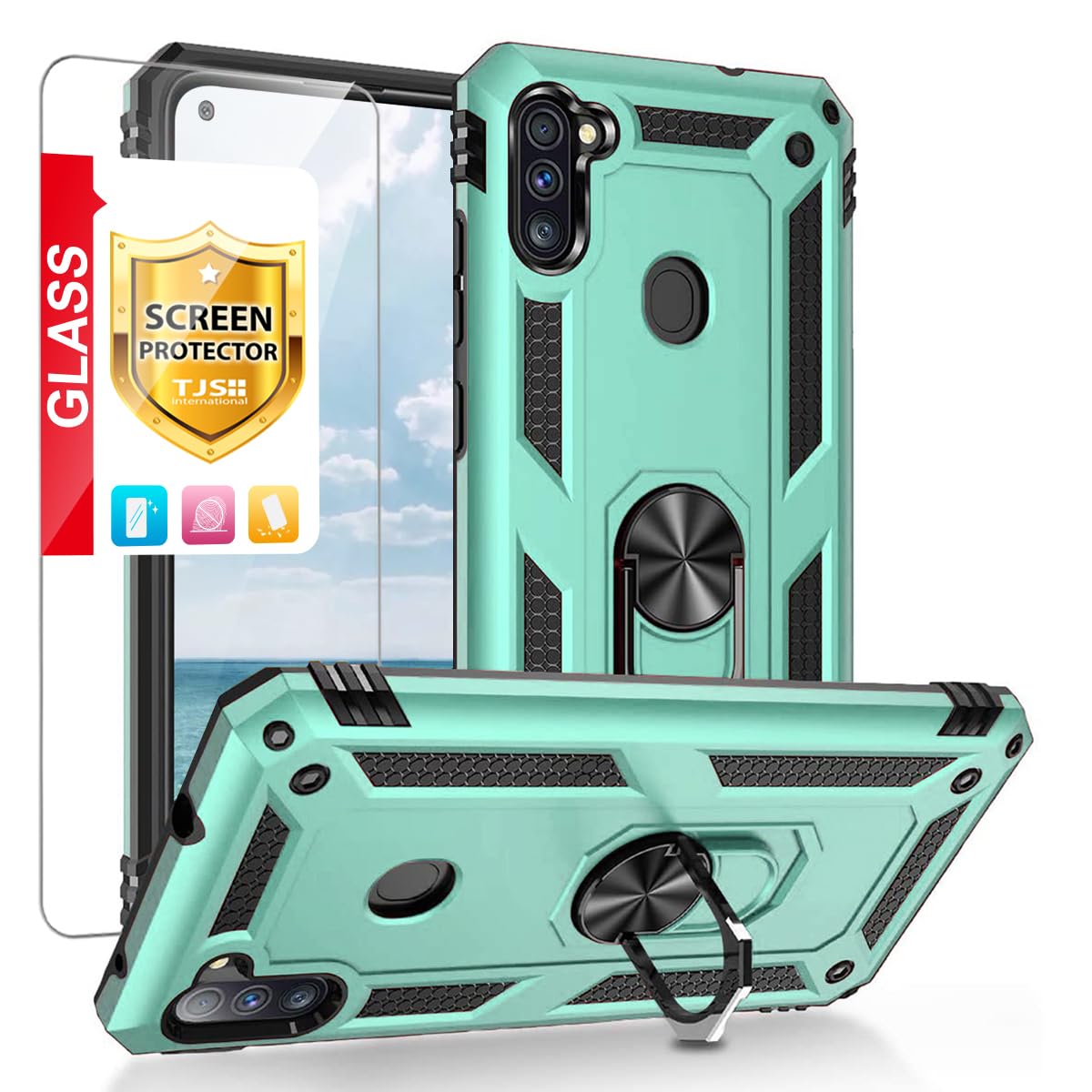 TJS Compatible with Samsung Galaxy A11 Case, with [Tempered Glass Screen Protector][Metal Ring][Magnetic Support] Defender Kickstand Heavy Duty Drop