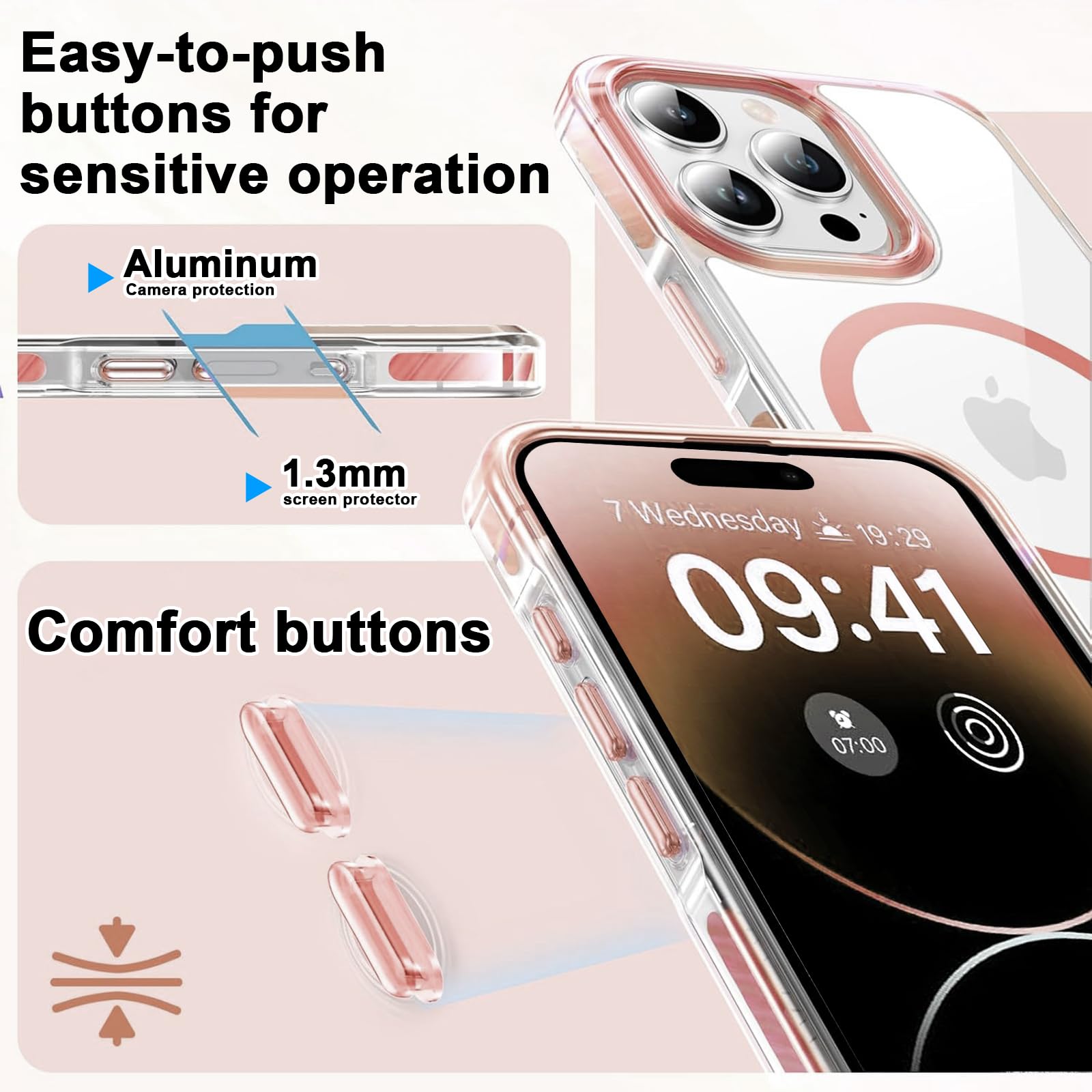 Magnetische Telefoonhoes Met Koord Voor IPhone 16 Pro – MagSafe Compatibel – Bloemenpatroon – Transparant Mat Polycarbonaat – Roze