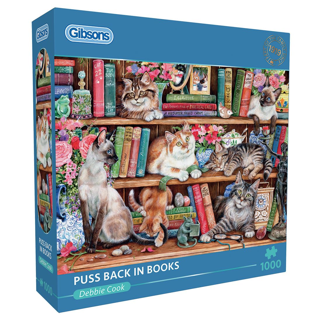 Gibsons Puss Back in Books 1000 Piece Cat Jigsaw Puzzle for Adults - Charming Cat on Bookshelves Artwork by Debbie Cook – Premium Sustainable Puzzle Made in UK/EU Great Gift — image 1
