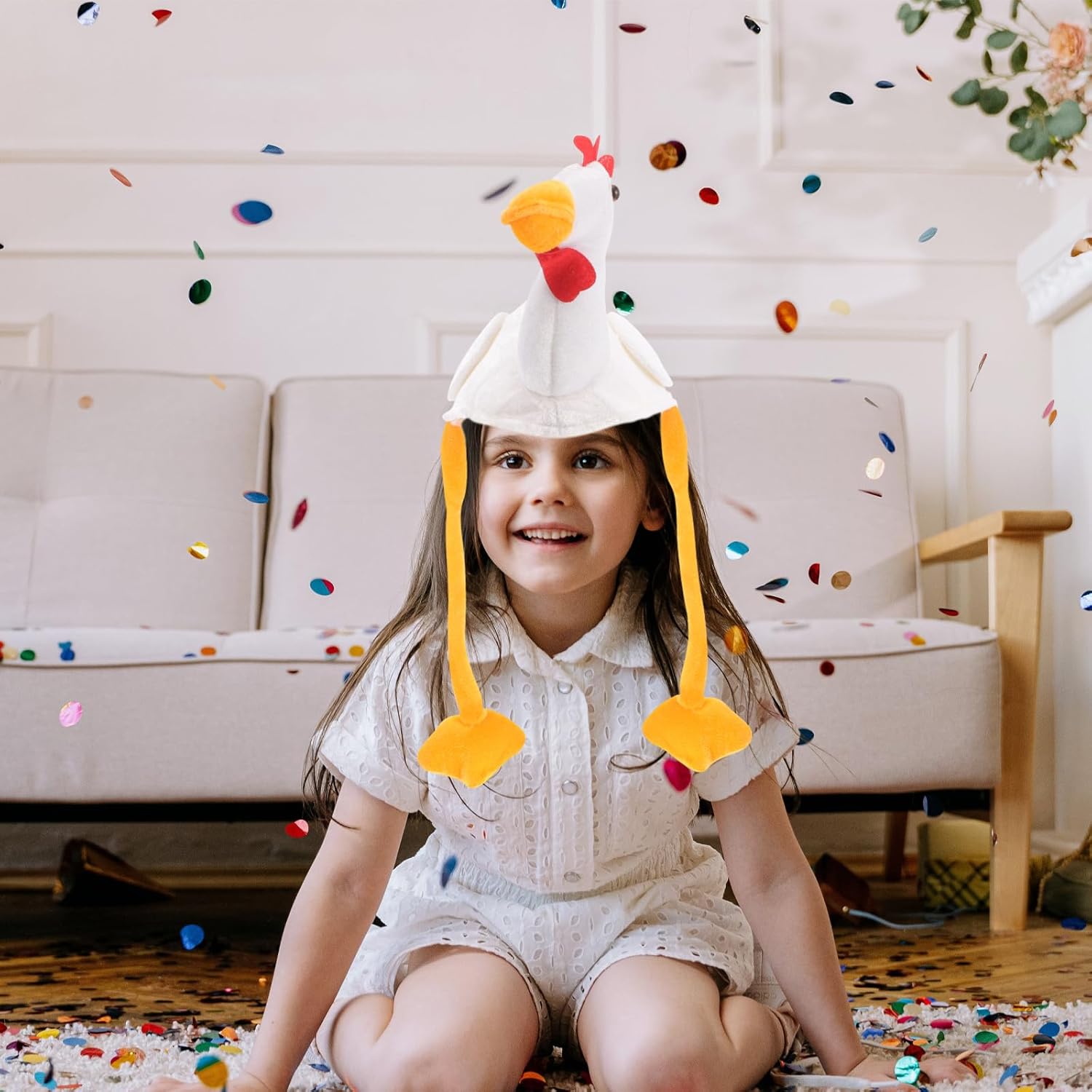 LOGOFUN Halloween White Chicken Hat Plush Animal Hat with Ears Moving Farm Chick Hat Photo Prop for Kids Boys Girls Funny Gift - Image 7