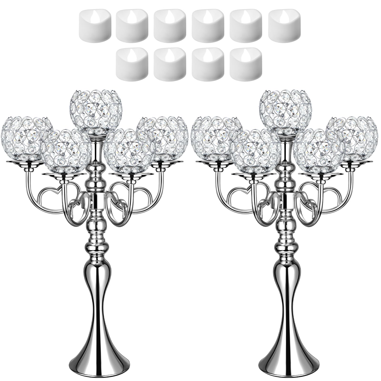 Domensi 2 Pcs 5 Arm Crystal Silver Candelabra Table Centerpieces with 12 LED Light 21.5'' Tall Candle Holder Bowl Candlestick Candles Stand for Wedding Easter Ceremony Dinner Dining Anniversary Party