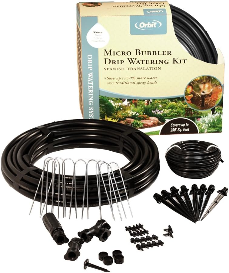 Orbit Micro-Bubbler drip irrigation system watering a raised garden bed
