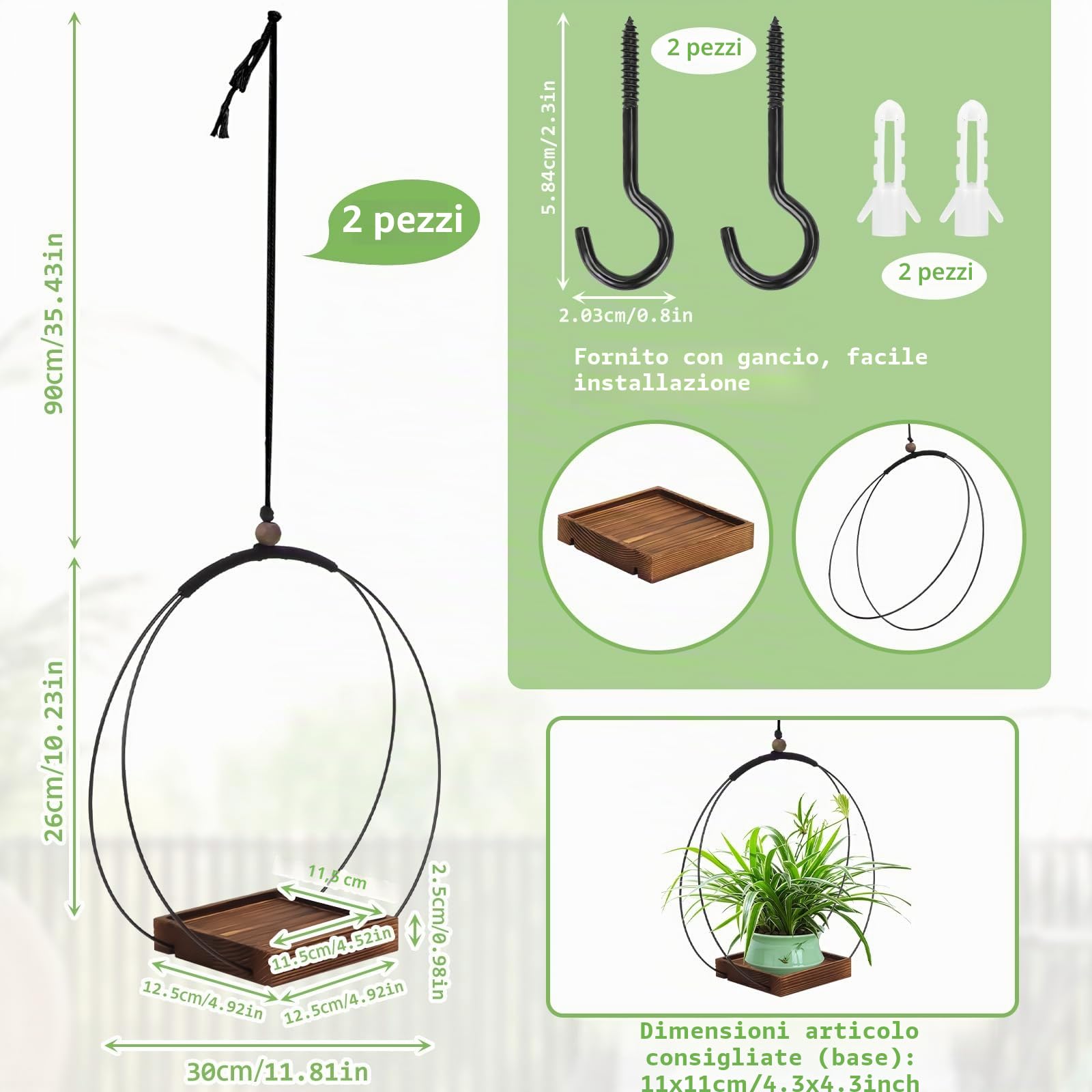 mumisuto 2 Pezzi Vasi da Appendere con Base in Legno, Vaso Sospeso per Piante Interno Boho, Portavaso da Appendere per la Decorazione di Interni ed Esterni (Nero 1)