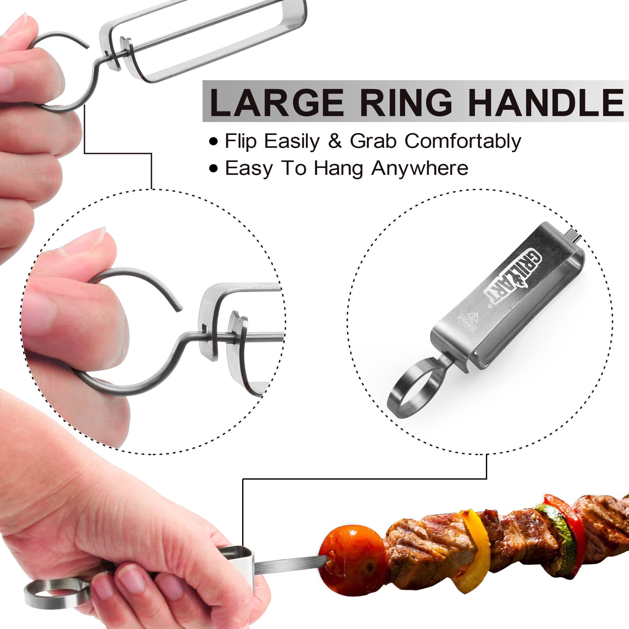 GRILLART Spiedini per grigliare – Spiedini in metallo per kabob con cursore – Spiedini piatti per barbecue in acciaio inox – Spiedini da 43,2 cm per shish kabob e bastoncini ideali per carne,
