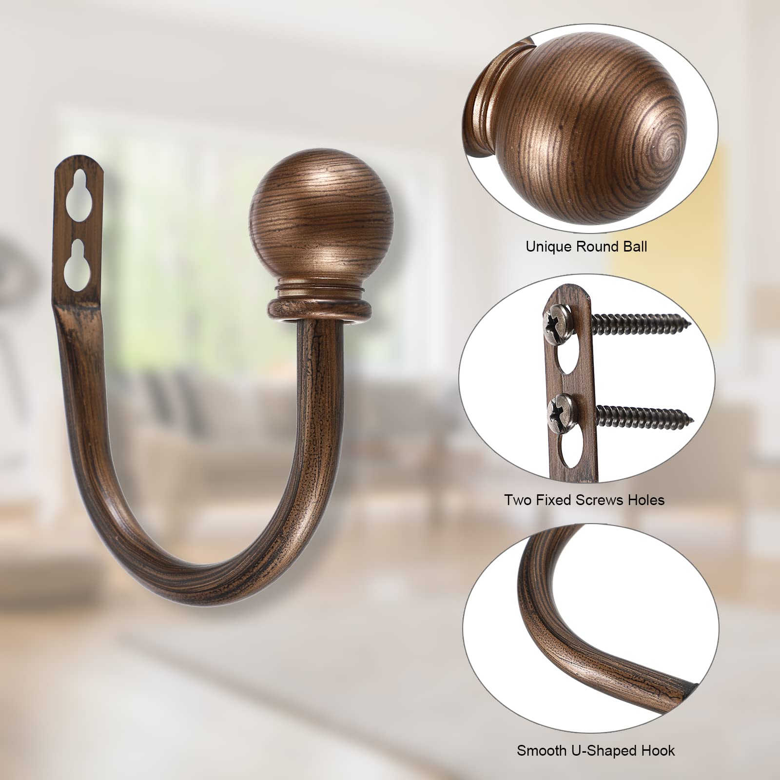 Sumnacon Set of 2 Decorative Curtain Holdbacks, Wall Mounted Aluminum Alloy Window Drapery Tiebacks for Bedroom, Livingroom Office Come with Screws, Red Bronze